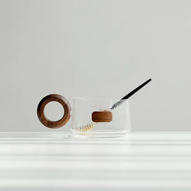 Walnut Base Glass Coffee Cup Set – Modern Minimalist Luxury
