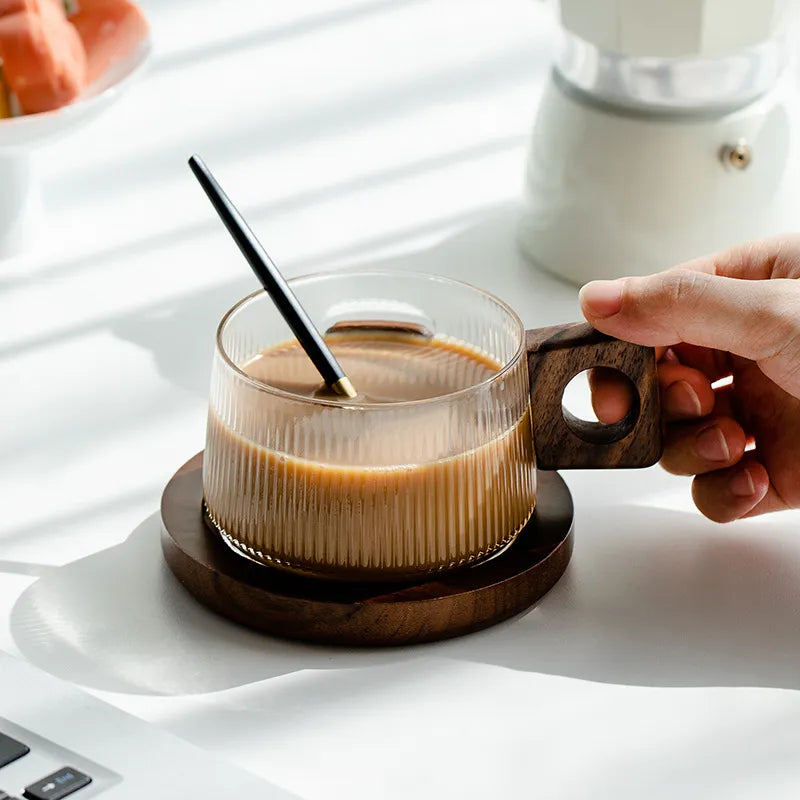 Walnut Base Glass Coffee Cup Set – Modern Minimalist Luxury