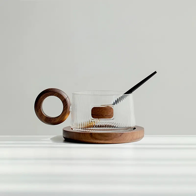 Walnut Base Glass Coffee Cup Set – Modern Minimalist Luxury