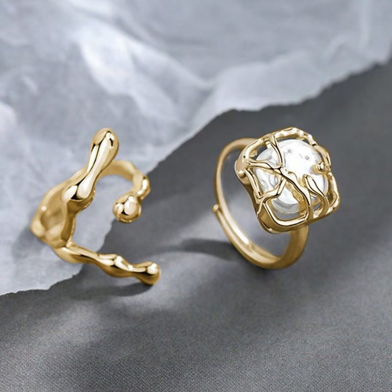 Adjustable Gold & Pearl Stacking Rings – Lunar Duo by BLOSÉ