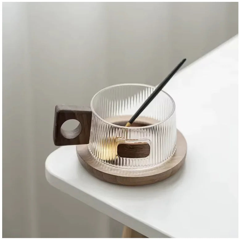 Walnut Base Glass Coffee Cup Set – Modern Minimalist Luxury
