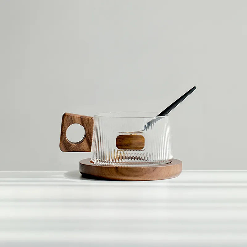 Walnut Base Glass Coffee Cup Set – Modern Minimalist Luxury