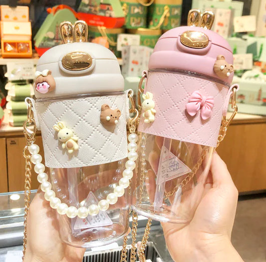 Aesthetic Pearl Water Bottle – Cute & Portable with Strap and Charms