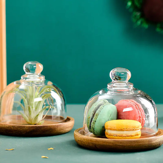 Glass Dome & Wooden Dessert Tray – Elegant Display for Treats & Decor