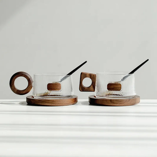 Walnut Base Glass Coffee Cup Set – Modern Minimalist Luxury