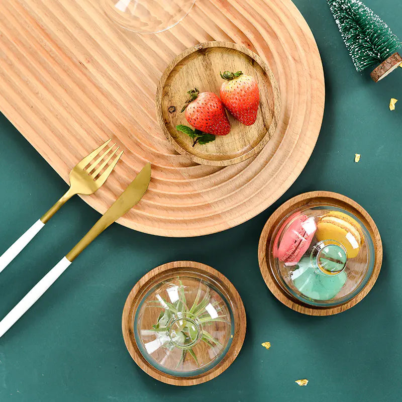 Glass Dome & Wooden Dessert Tray – Elegant Display for Treats & Decor